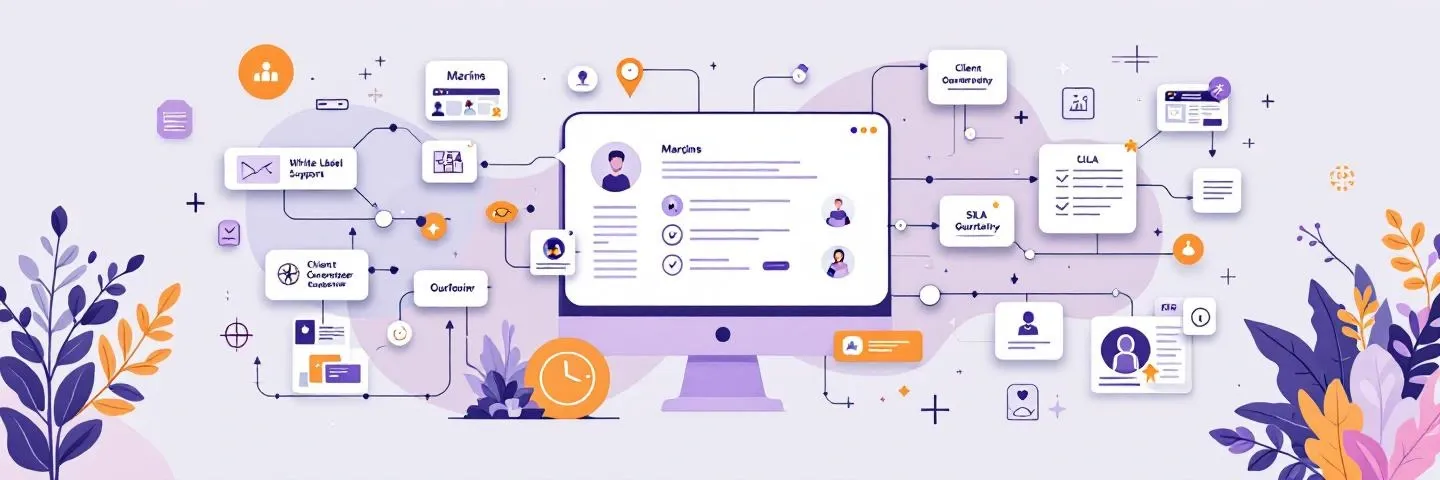 Flat illustration of a desktop monitor surrounded by floating cards, icons, and connectors in purple and orange tones