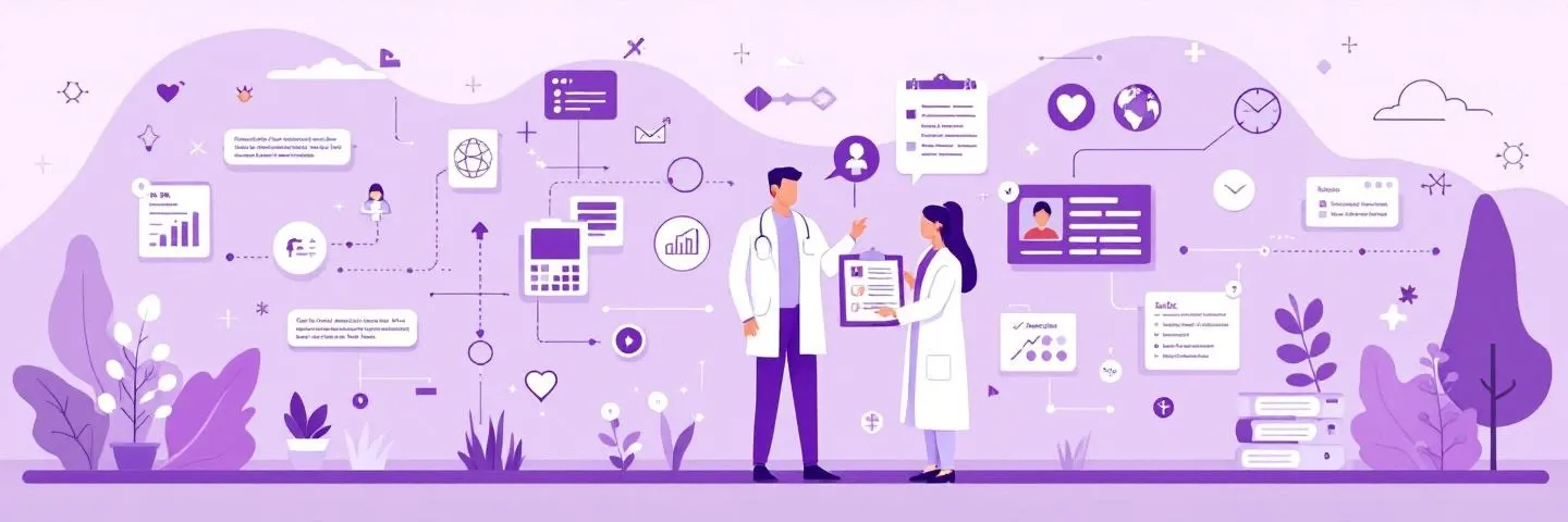 Purple flat illustration of two doctors with clipboard surrounded by charts, icons, and digital workflow elements