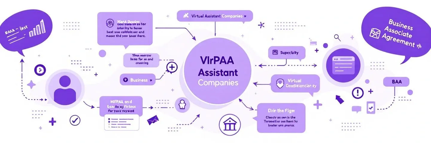 Infographic with speech bubbles and icons centered on the text Virtual Assistant Companies and Business Associate Agreement