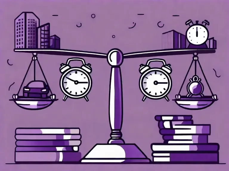 Purple illustration of a balance scale holding alarm clocks and a stopwatch above stacks of books with city skyline