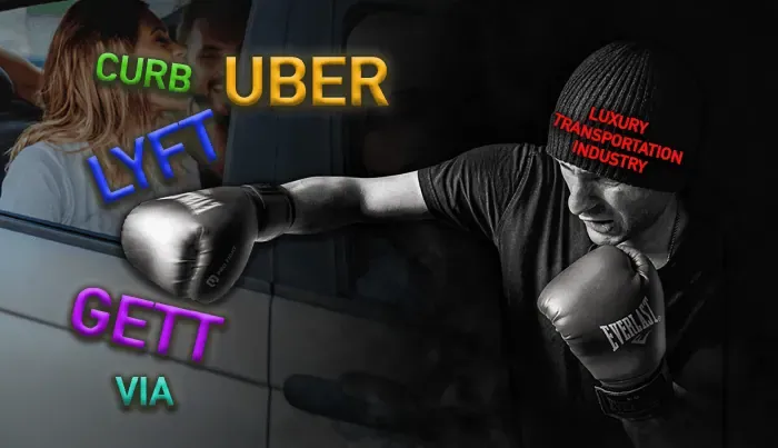 Boxer in Luxury Transportation Industry beanie punching toward rideshare logos Uber, Lyft, Curb, Gett, Via on car window
