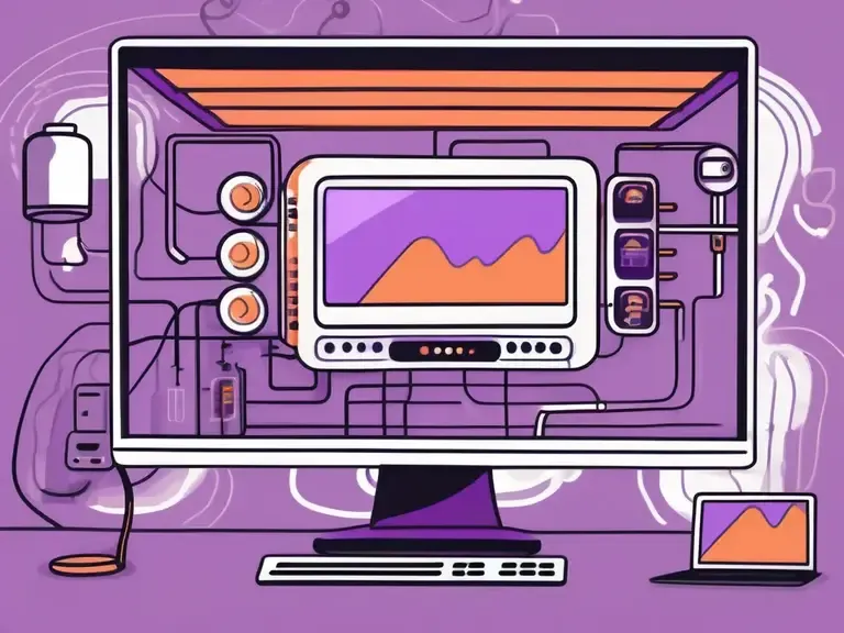 Illustrated desktop monitor showing a chart connected to wires and gauges on a purple background, with a laptop beside it