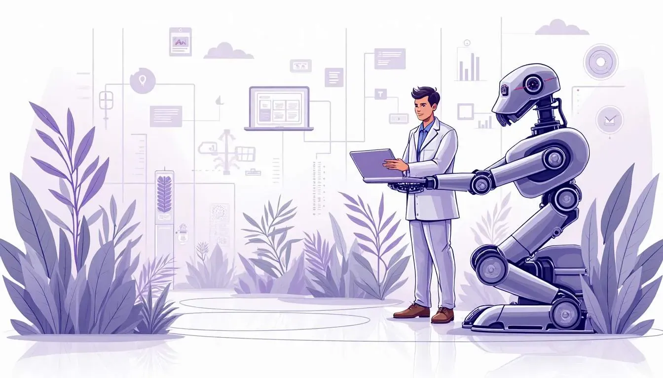 Illustration of a doctor in a white coat holding a laptop beside a large humanoid robot among purple plants and tech icons