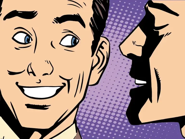 Pop art comic illustration of a smiling man facing another man's silhouette against a purple halftone background