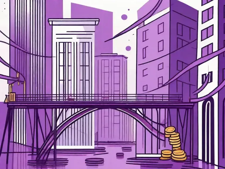 Stylized purple cityscape illustration with a bridge connecting buildings and a stack of gold coins in the foreground