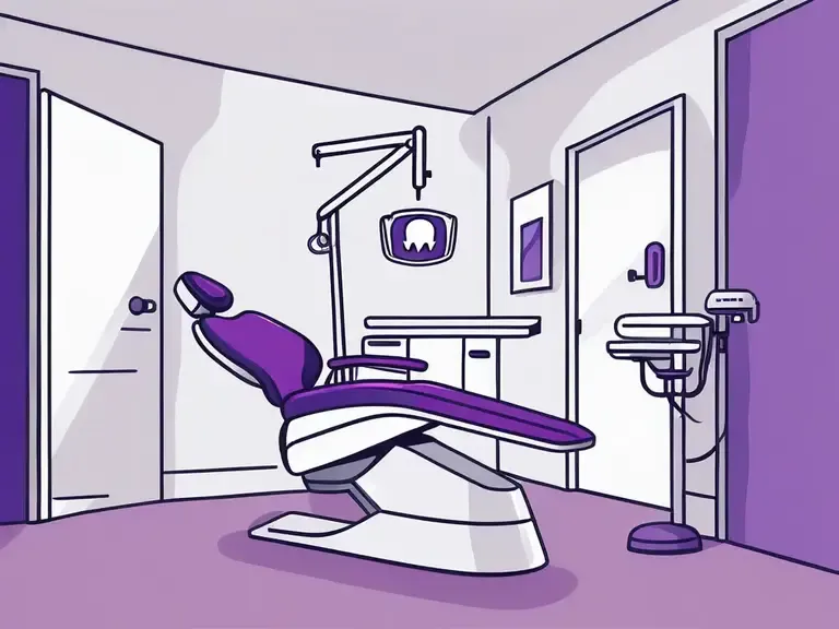 Cartoon illustration of an empty purple and white dental chair in an exam room with overhead lamp