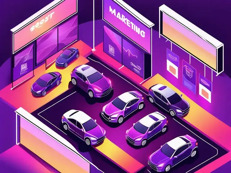 Isometric illustration of a purple car dealership showroom with seven vehicles and screens reading Boost and Marketing