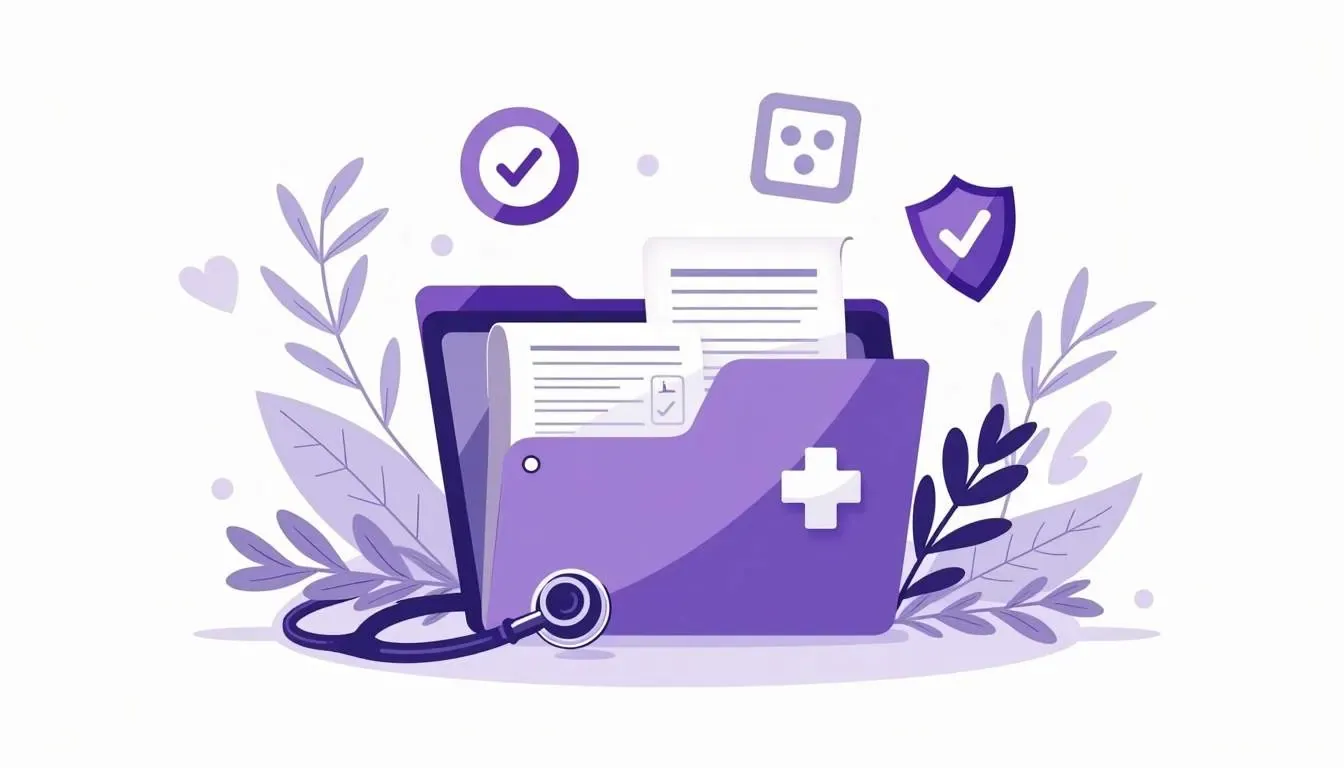 Purple medical folder with documents, stethoscope, checkmark, and shield icons surrounded by leafy foliage illustration