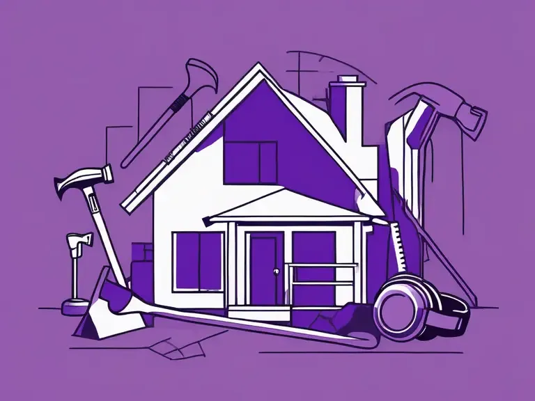 Stylized purple illustration of a small house surrounded by oversized hammers, a saw, and construction tools