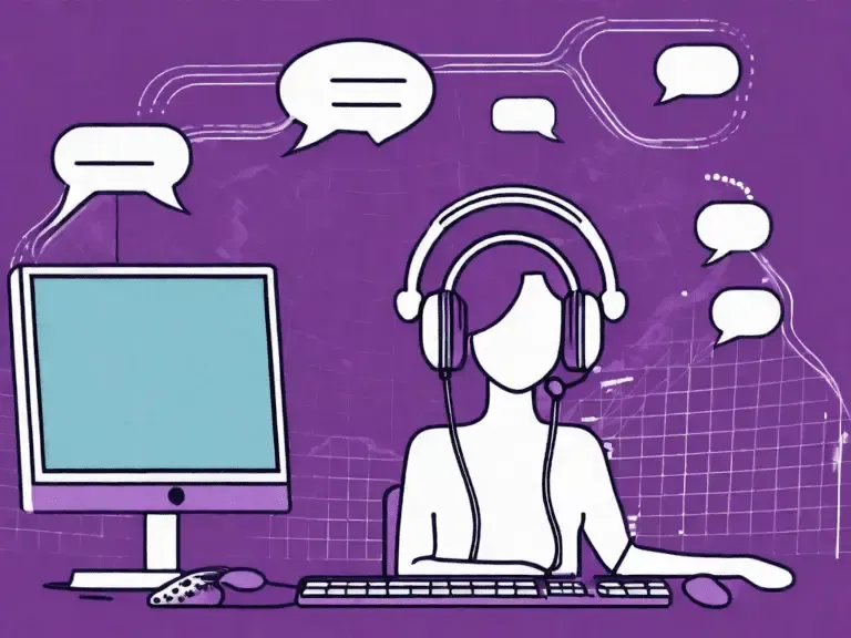 Illustrated headset agent at a computer with chat bubbles around her on a purple background