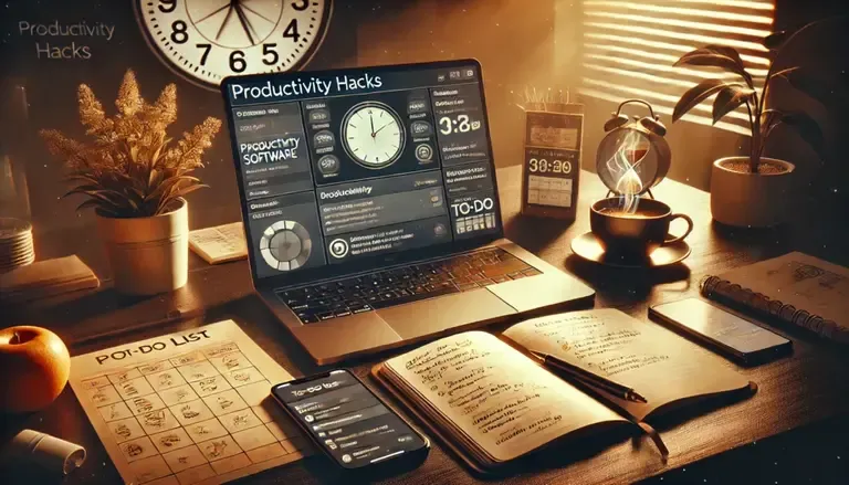 Desk scene with laptop showing Productivity Hacks dashboard, open planner, smartphone, hourglass, clock and potted plant