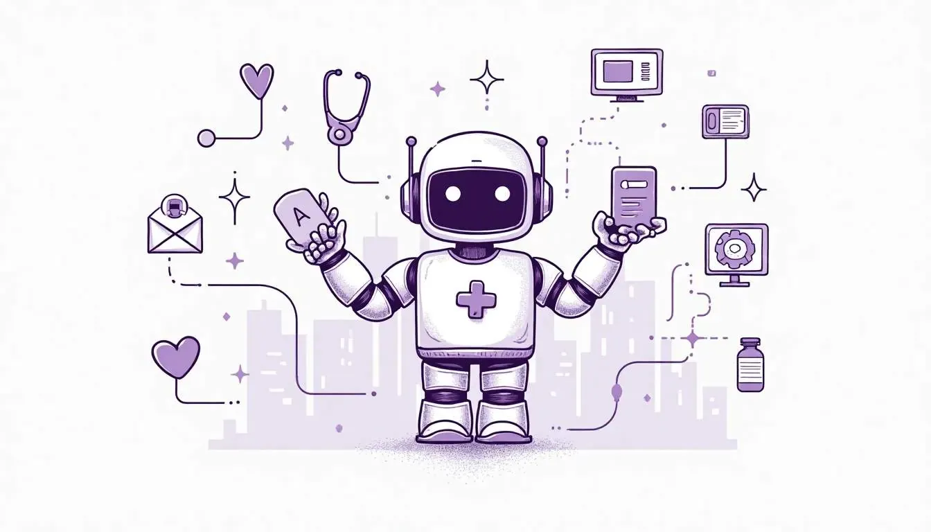 Purple line illustration of a friendly robot with medical cross holding a pill and phone, surrounded by healthcare icons