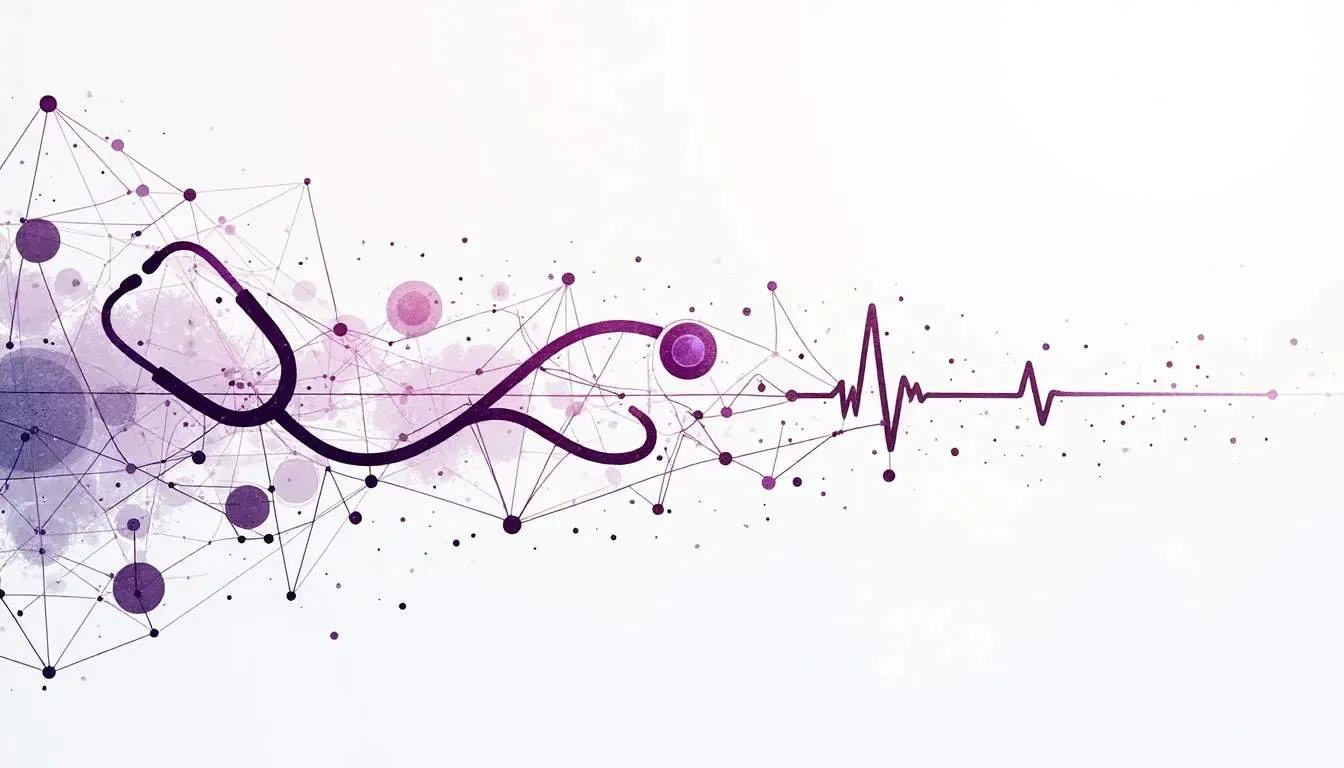 Purple stethoscope and EKG heartbeat line over an abstract network of connected nodes on a white background