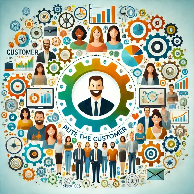 Collage of diverse cartoon people surrounded by gears, charts, and icons with text Pute the Customer and Services