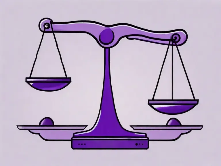 Purple illustration of a balance scale tilted slightly off-center on a pedestal base against a light gray background