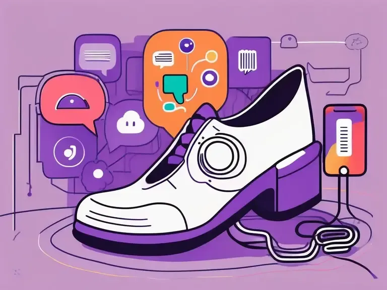 Illustrated white and purple shoe surrounded by chat bubbles, icons, and a smartphone on a purple background