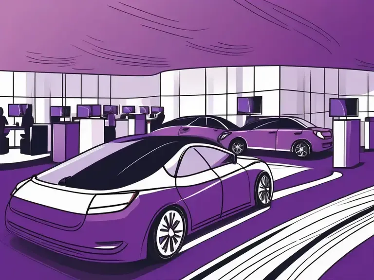 Purple-toned illustration of a car dealership showroom with sedans on display and staff at service counters