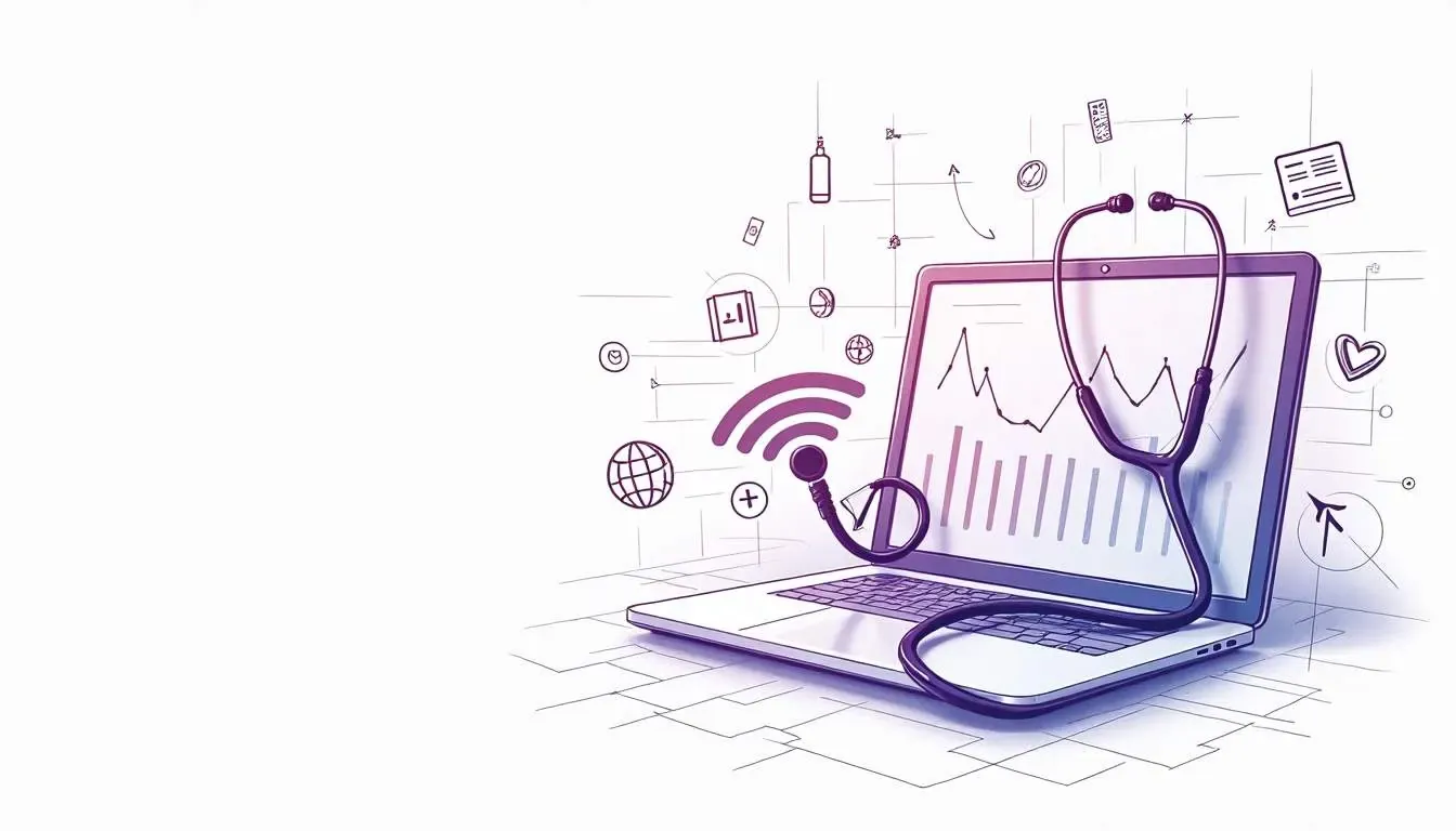 Purple line illustration of a laptop showing a chart with a stethoscope draped over it and medical icons