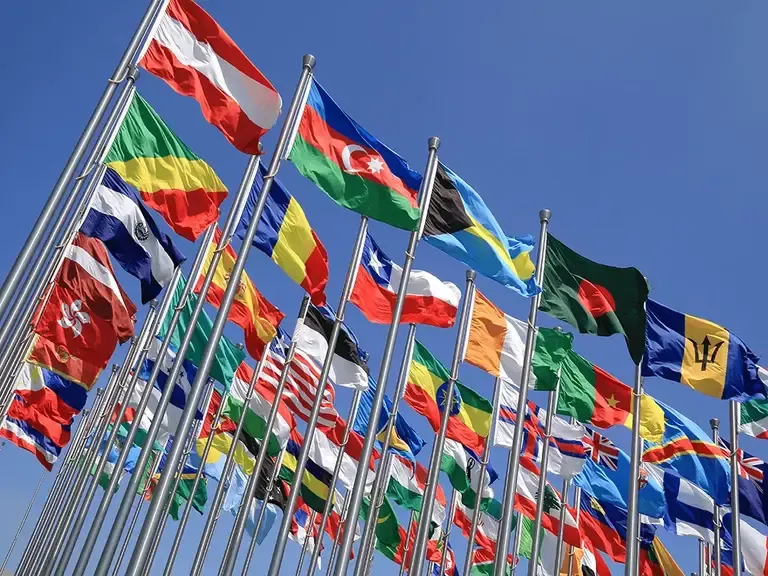 Rows of colorful national flags from many countries waving on tall poles against a clear blue sky