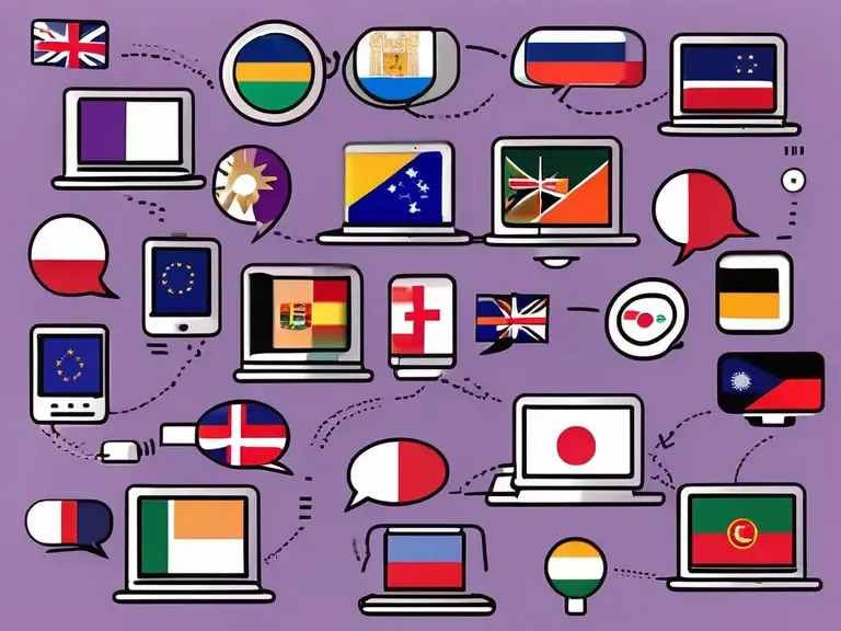 Illustration of laptops and speech bubbles displaying various country flags connected by dotted lines on a purple background