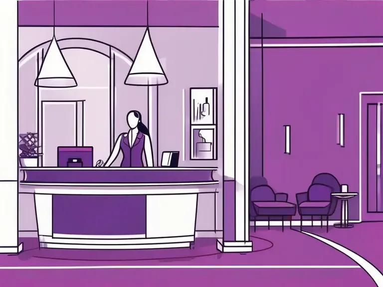 Purple toned illustration of a hotel receptionist standing at a curved front desk with a nearby lounge seating area