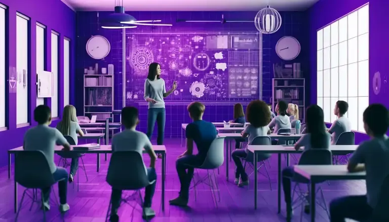Teacher presenting at a digital board with gears and icons to students seated at desks in a purple-lit classroom