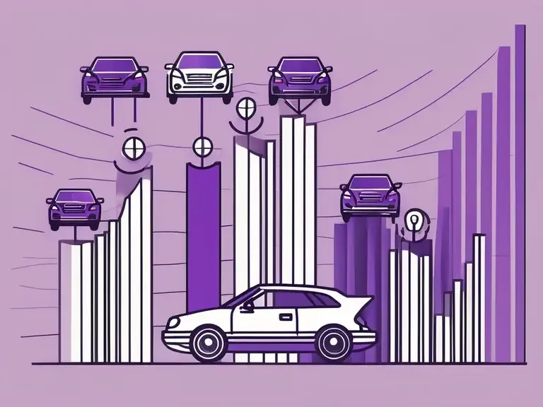 Purple stylized illustration of cars perched on rising bar chart columns above a sedan in the foreground
