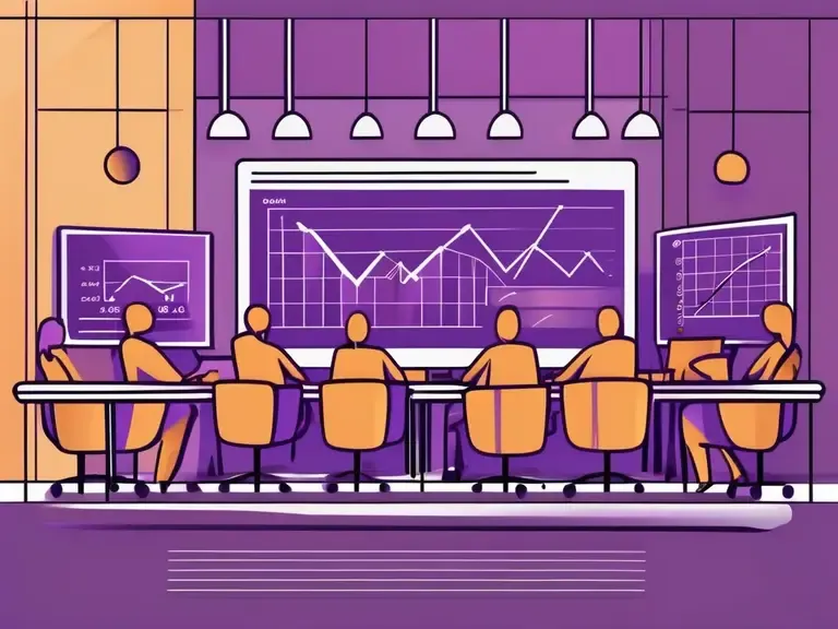 Illustration of orange figures seated at a conference table viewing screens with line graphs in a purple room