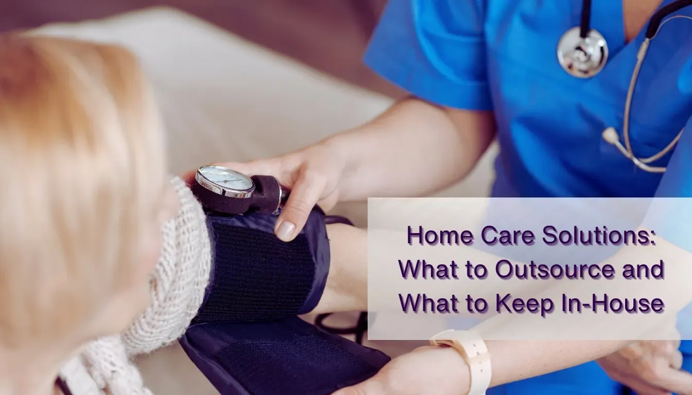 Nurse in blue scrubs with stethoscope checking blood pressure cuff on elderly woman's arm at home