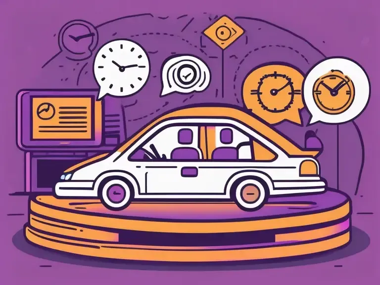Illustrated white car on an orange display platform with clock and speedometer speech bubbles on a purple background