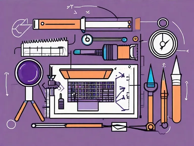 Flat illustration of a laptop surrounded by a magnifying glass, compass, ruler, pencils and arrows on purple