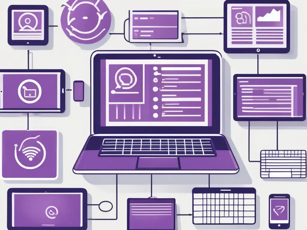 Purple illustration of a laptop connected by lines to tablets, phones, and screens showing icons and charts