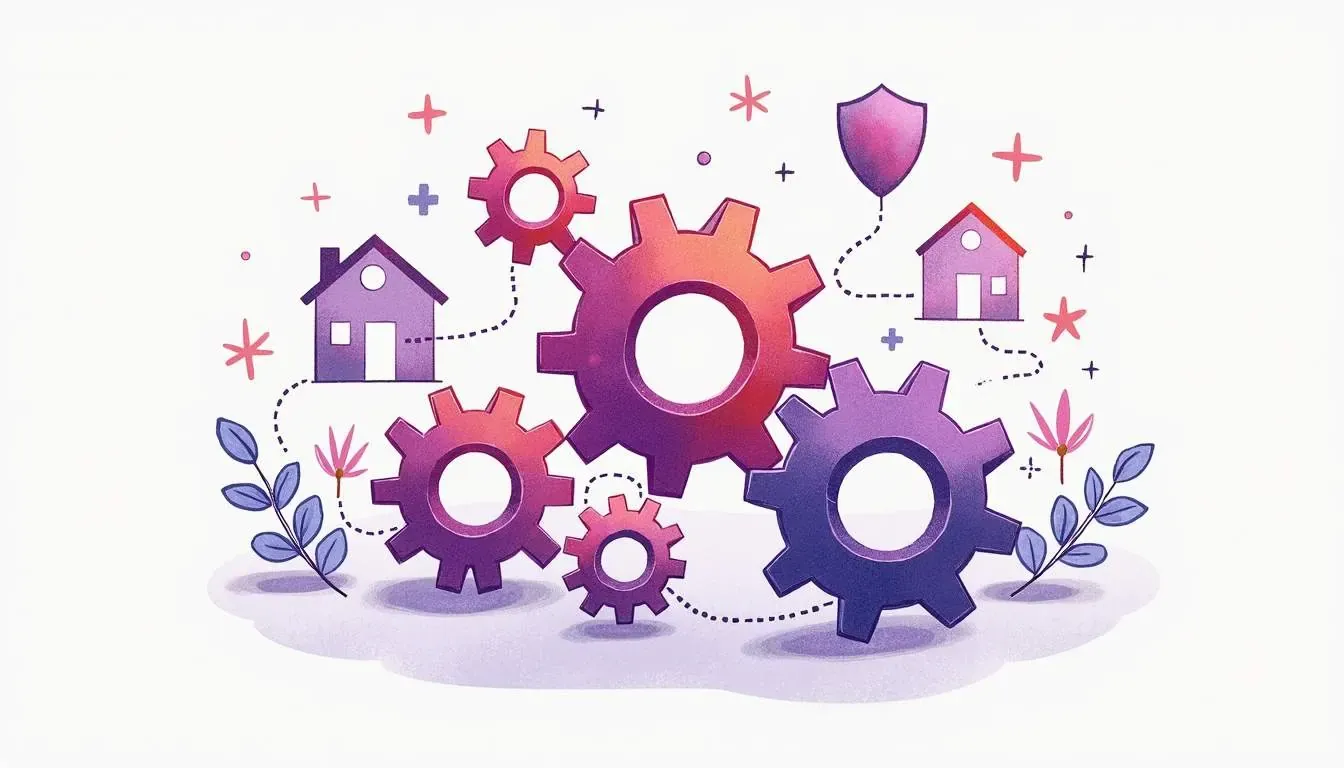 Illustration of interlocking red and purple gears with small houses, a shield, and leaves on a white background