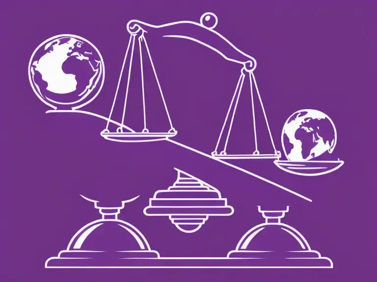 White line illustration of two balance scales holding globes on a purple background