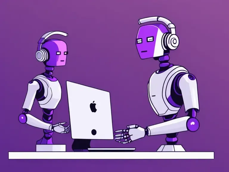 Two cartoon robots wearing headsets face each other across an Apple laptop on a purple background