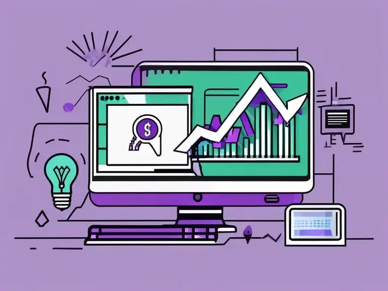 Illustrated desktop monitor showing rising chart and dollar magnifier icon beside a lightbulb and tablet on purple
