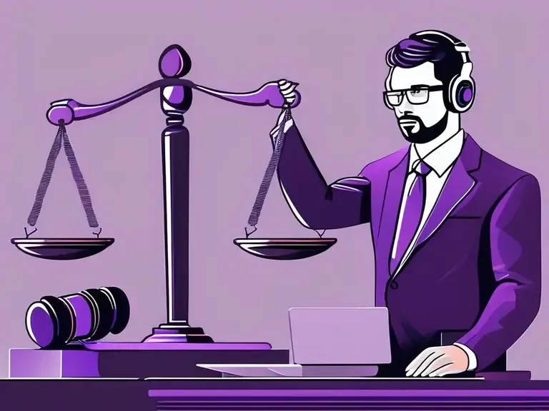 Purple-toned illustration of a bearded man in suit and headset at a laptop beside scales of justice and a gavel