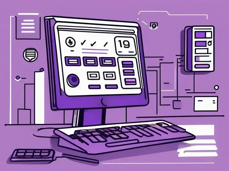 Purple stylized illustration of a desktop computer with dashboard interface, keyboard, calculator, and document icons