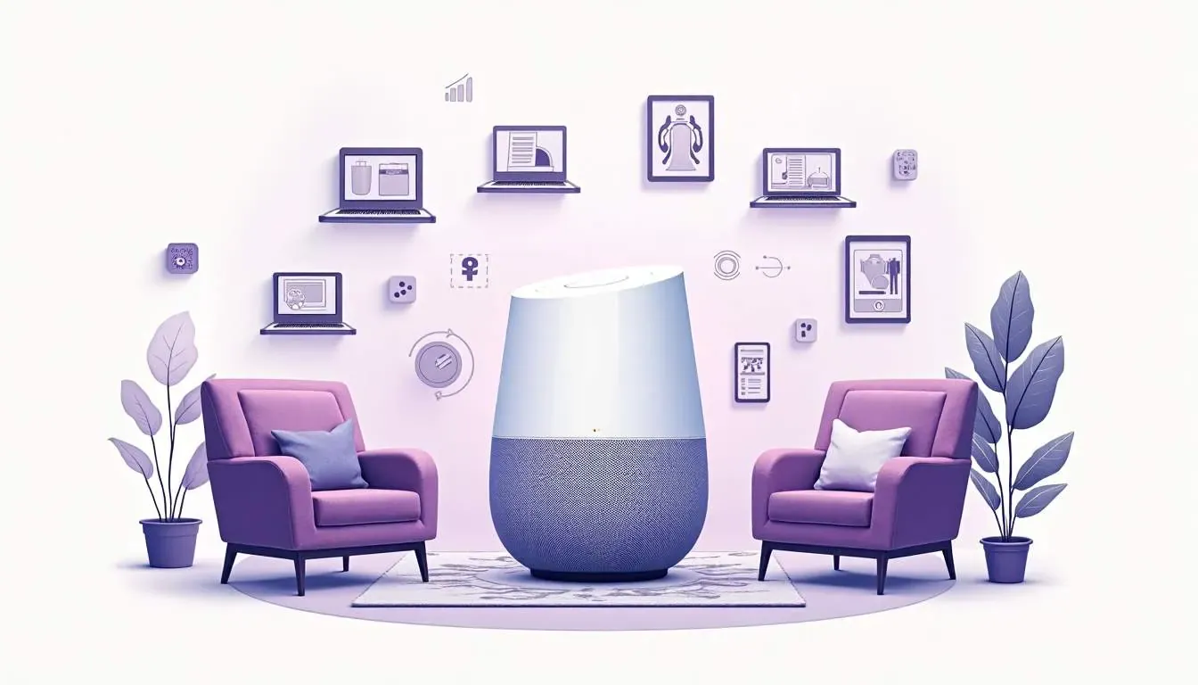 Purple themed living room illustration with two armchairs flanking a smart speaker and tech icons on the wall