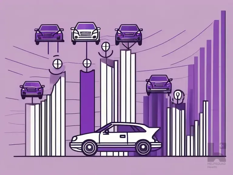 Purple stylized illustration of cars perched on rising bar chart columns above a sedan in the foreground