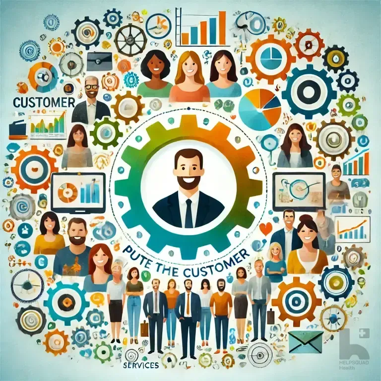 Collage of diverse cartoon people surrounded by gears, charts, and icons with text Pute the Customer and Services