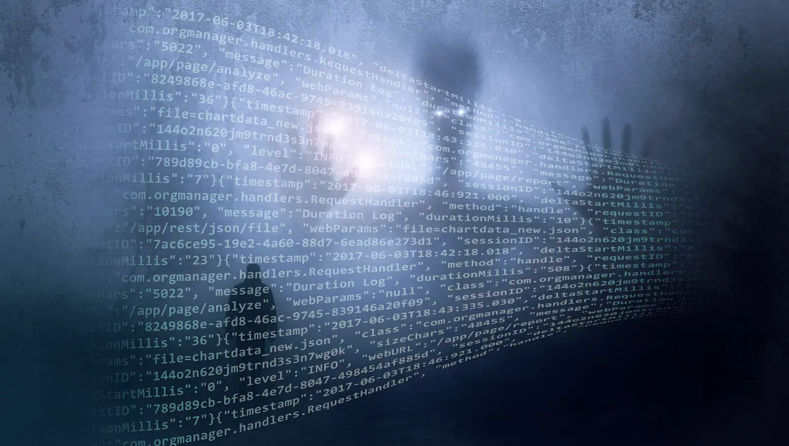 Shadowy figure with raised hands behind a translucent wall of blue code and JSON log data