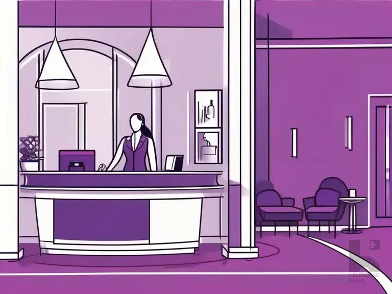 Purple toned illustration of a hotel receptionist standing at a curved front desk with a nearby lounge seating area