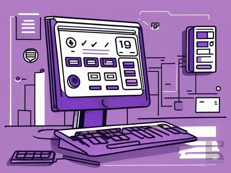 Purple stylized illustration of a desktop computer with dashboard interface, keyboard, calculator, and document icons