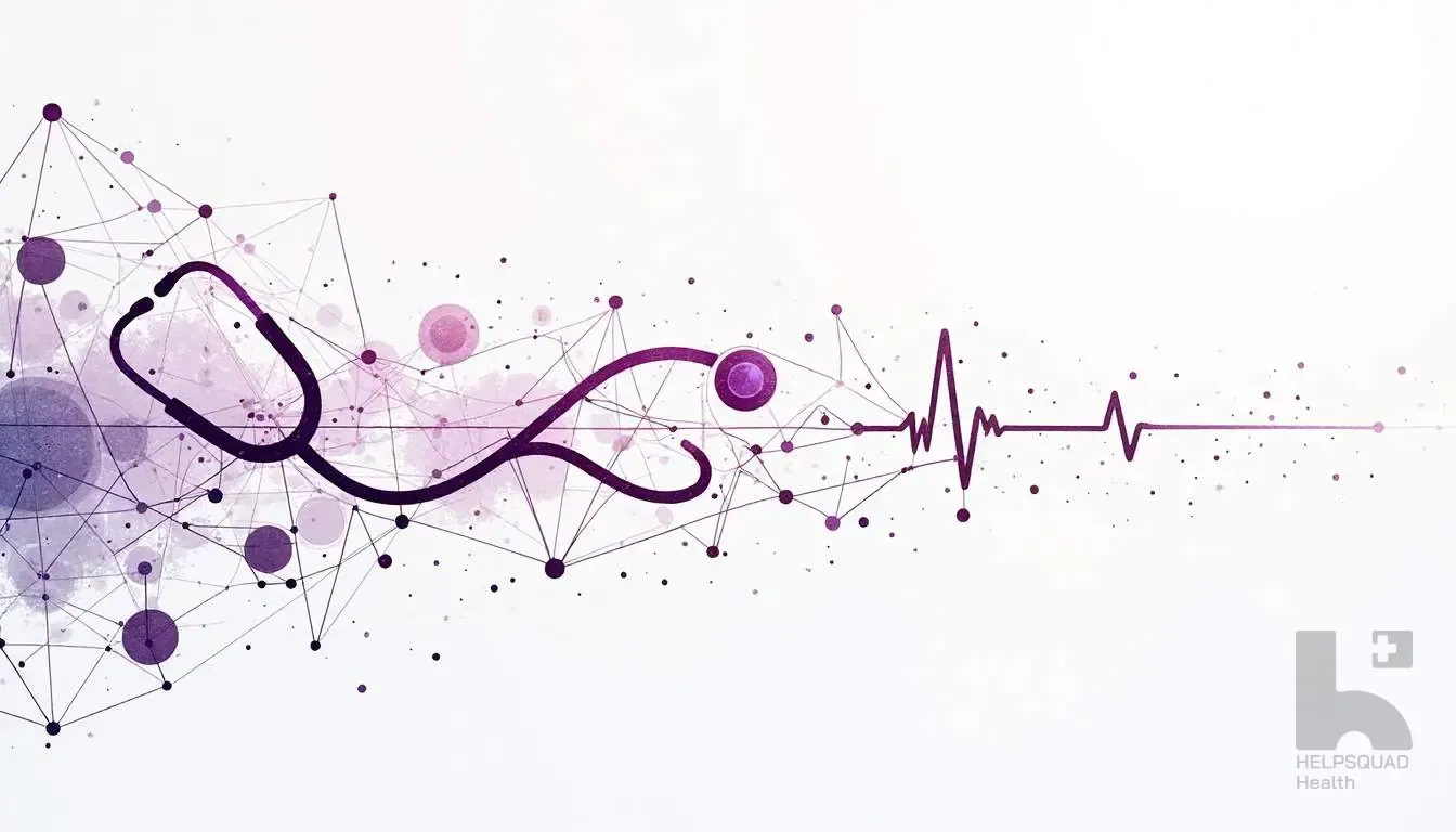 Purple stethoscope and EKG heartbeat line over an abstract network of connected nodes on a white background