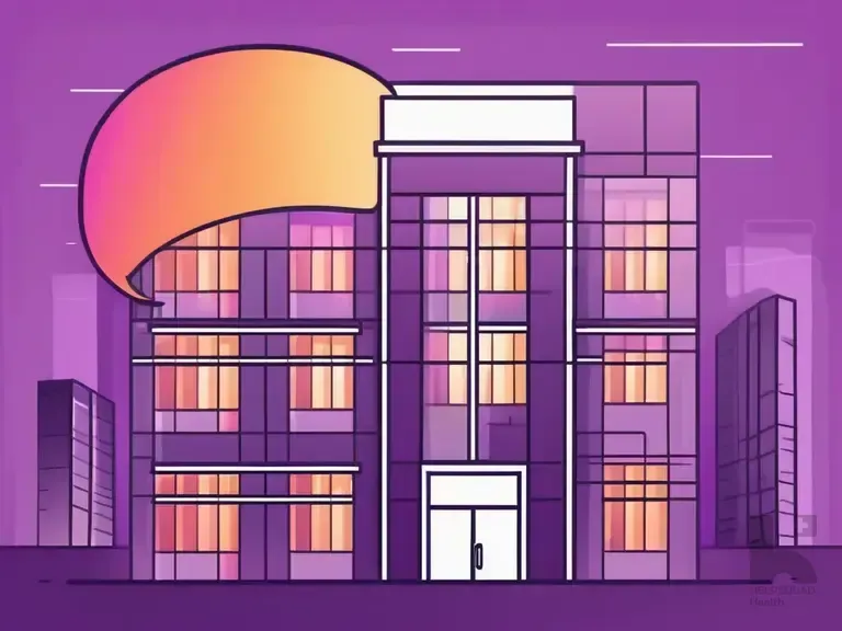 Stylized illustration of a multi-story building with lit windows and a speech bubble against a purple skyline