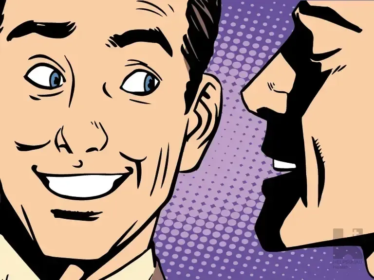 Pop art comic illustration of a smiling man facing another man's silhouette against a purple halftone background
