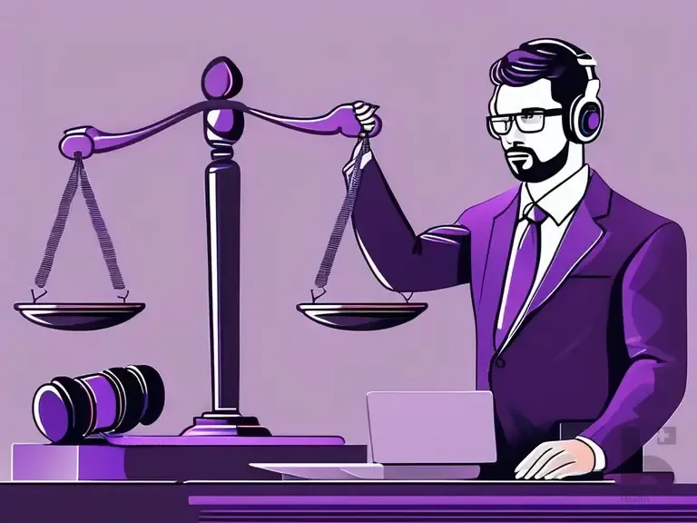 Purple-toned illustration of a bearded man in suit and headset at a laptop beside scales of justice and a gavel