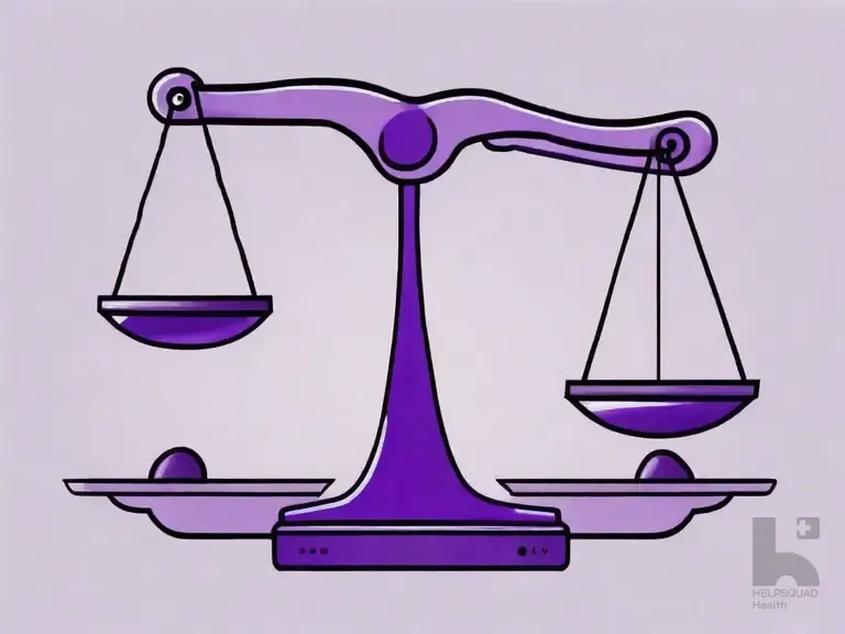 Purple illustration of a balance scale tilted slightly off-center on a pedestal base against a light gray background