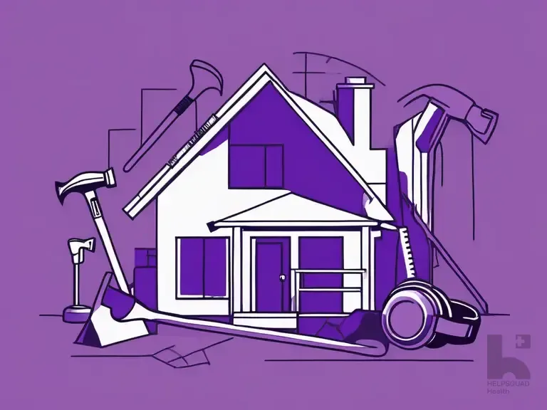 Stylized purple illustration of a small house surrounded by oversized hammers, a saw, and construction tools